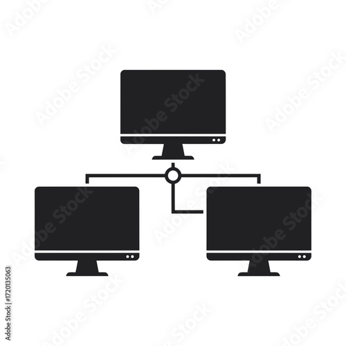 Three computers connected in a network silhouette vector illustration