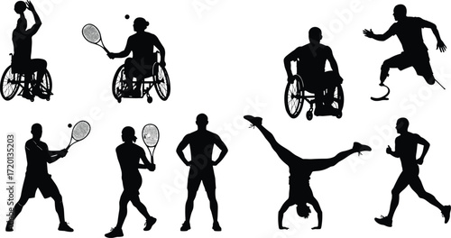 Inclusive sports silhouettes featuring athletes with disabilities, wheelchair basketball, prosthetic running, adaptive tennis, diversity, accessibility, and active lifestyle vector illustration