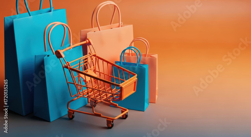 Shopping bags and mini cart, retail concept.