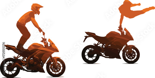Silhouette illustration of motorcycle stunt riders performing dangerous tricks, extreme freestyle action, balance, speed, adrenaline, sport, performance, and skill.