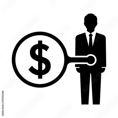 Businessman being analyzed with a magnifying glass over dollar sign silhouette vector illustration