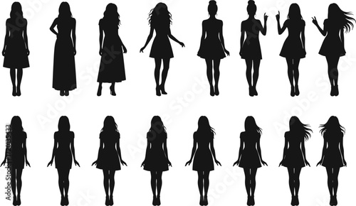 Silhouette women fashion poses, stylish female figures, modern dress design, elegant character modeling, trendy outfit collection, fashion illustration, lifestyle concept