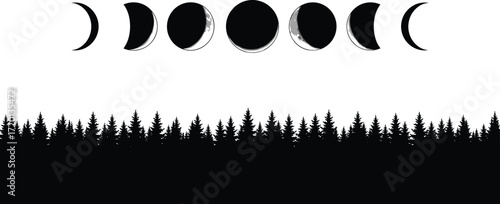 Moon phases vector illustration with forest silhouette, waxing crescent to waning crescent lunar cycle artwork for astronomy nature design
