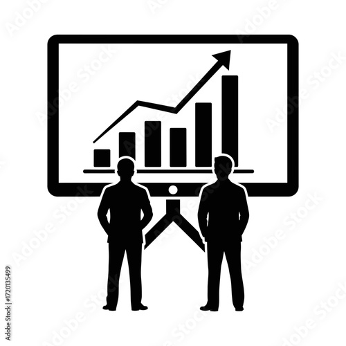 Two businessmen looking at a growing business graph on a screen silhouette vector illustration