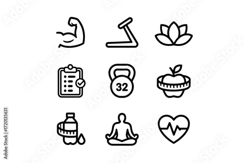 Fitness and Wellness Icon Set Representing Healthy Lifestyle Black and White Vector Illustration Promoting Wellbeing and Physical Activity
