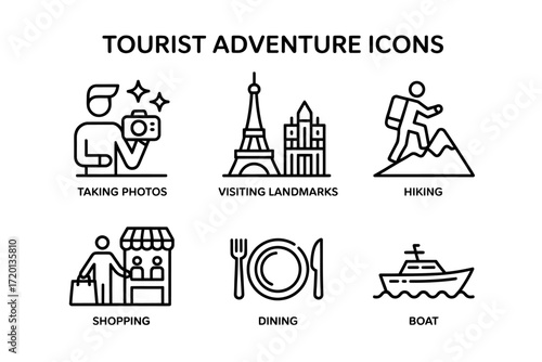 Tourist Adventure Icons Set Line Art Featuring Photography Landmarks Hiking Shopping Dining and Boating Destinations