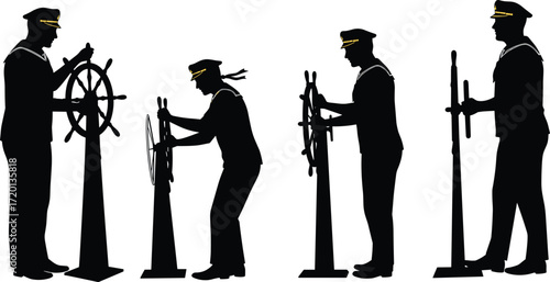 Silhouette vector illustration of ship captain steering wheel, nautical sailor at helm, marine navigation officer, ocean boat control design element.