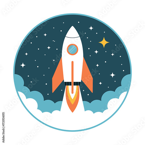 Cartoon Rocket Ship Launching into Space with Stars and Clouds Illustration for Children and Education