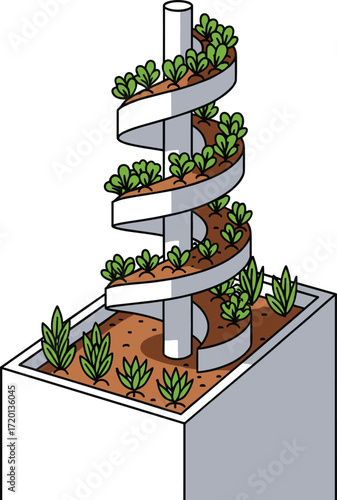 Spiral vertical garden with plants growing in modern planter, sustainable urban farming system, eco friendly agriculture and innovative gardening design illustration
