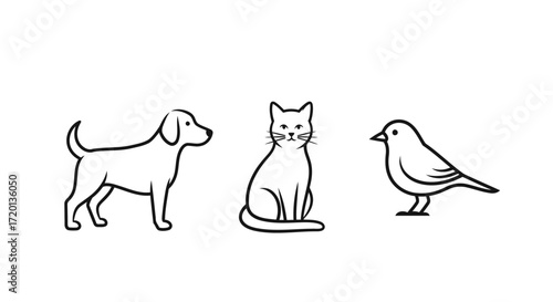 Dog, Cat, and Bird Icons Set