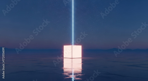 Futuristic Cube Emitting Blue Light Over Calm Water.