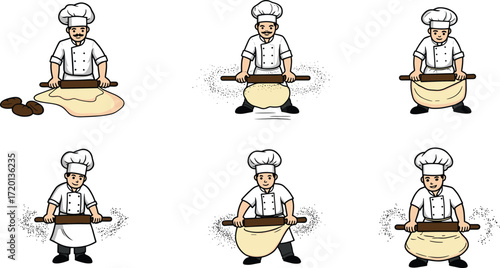 Vector illustration of cartoon chef character making bread dough with rolling pin wearing uniform hat bakery professional cooking kitchen concept design.