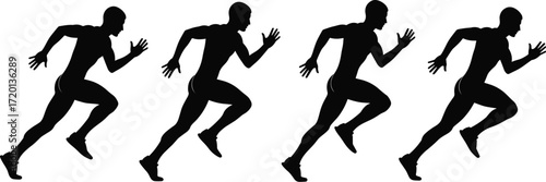 Sequence of running silhouettes showing sprint motion stages, dynamic athlete vector illustration for sports, fitness, training, biomechanics, and motion analysis themes
