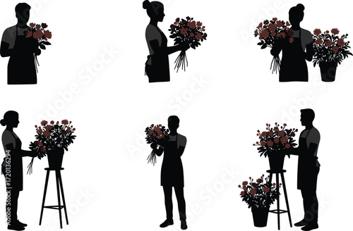 Vector illustration of florist man and woman arranging flowers in pots and holding bouquets, professional floral shop design artwork.