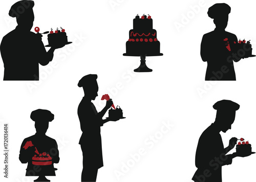 Vector illustration of pastry chef decorating delicious cakes with cream and cherries, bakery silhouette design for dessert culinary artwork.