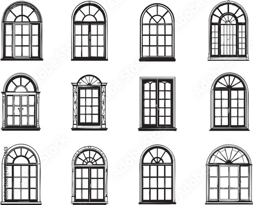 Collection of sixteen black and white window designs with various shapes and styles in a grid layout