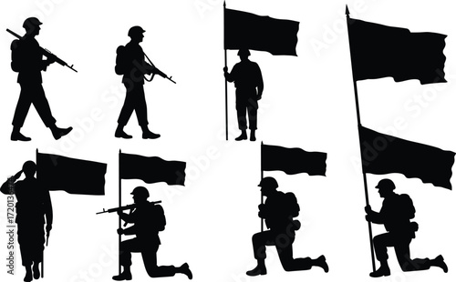 Vector illustration of soldier silhouettes holding flags, marching, saluting, and kneeling with rifles, military army design for patriotic artwork.