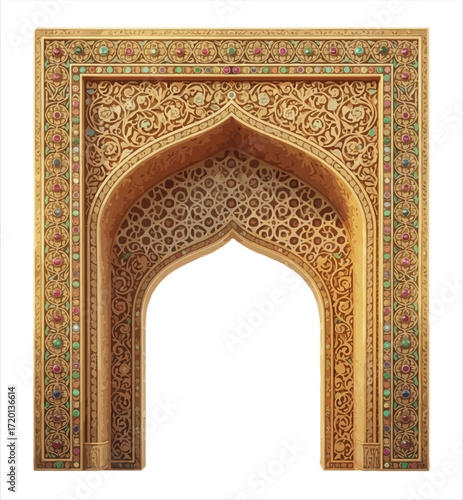 Ornate Golden Arabic Archway With Floral And Geometric Ornamentation Vector Illustration