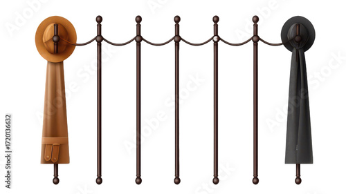 A decorative wrought iron railing featuring intricate scrollwork and floral designs,.png
