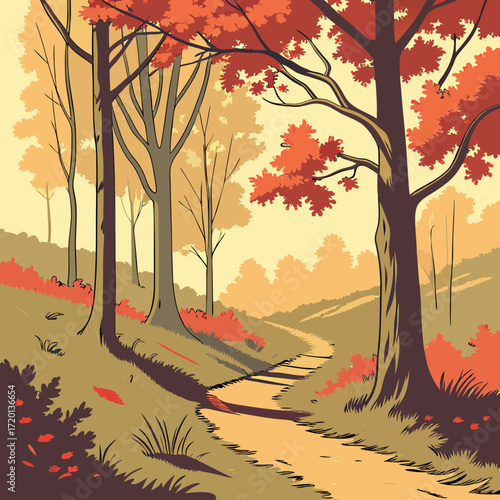 A forest path in a warm, autumnal setting. Sunlight illuminates the path as it winds into the distance, surrounded by trees with fiery leaves.