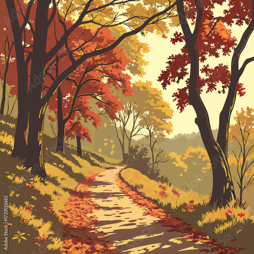 A scenic trail winding through a forest filled with vibrant autumn foliage. The path is covered in fallen leaves under a warm light.
