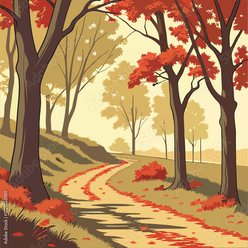 A serene forest path winds through a landscape filled with warm, autumnal colors. Trees with fiery red and orange leaves create a stunning canopy.