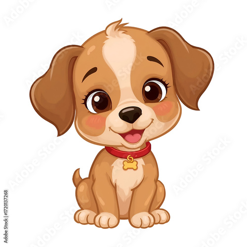 Adorable Cartoon Puppy with Red Collar and Bone Tag Sitting on transparent background. Black Background cute animal isolated on a transparent background