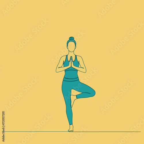 Illustration of a woman performing the yoga tree pose, standing on one leg with the other foot placed on her inner thigh and hands pressed together at her chest