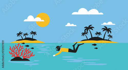 Diver Exploring Tropical Underwater World with Coral Reefs and Islands Under the Sun