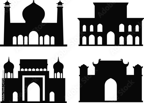 Famous monument silhouettes, historical architecture icons, Taj Mahal, gateway arch, palace building, cultural landmarks, Islamic architecture, ancient heritage structures, world travel icons