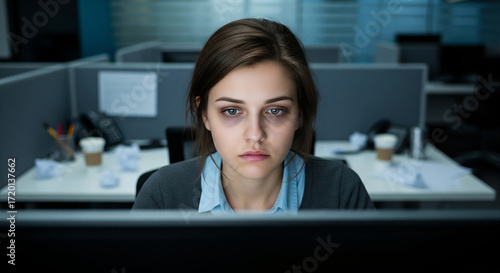 A tired young woman with dark circles under her eyes stares intently at a computer screen in a dimly lit office cubicle.