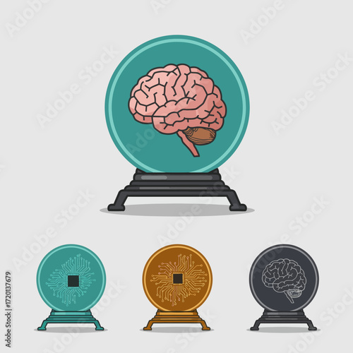 Illustration of a crystal ball with a brain inside, symbolizing intelligence and foresight, with smaller crystal balls below