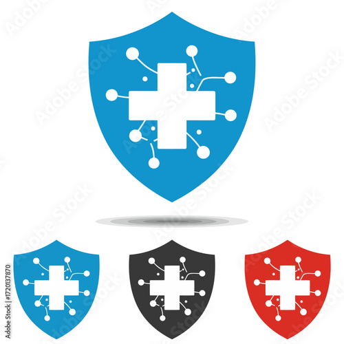 Shield icons with cross and circuit board elements representing health and technology