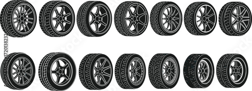 Set of fourteen detailed car wheels and tires with various rim designs, spoke patterns, and tread styles, automotive vector illustration collection
