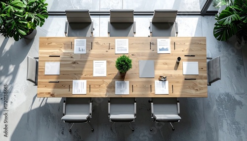 Modern conference room with wooden table, chairs, and documents, viewed from above, creating professional atmosphere