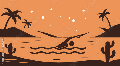 Person swimming in a desert oasis with palm trees and cacti under a starry sky