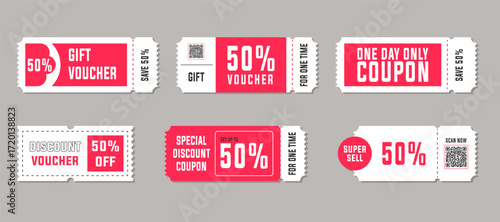 Vector art of collection of six discount coupons and gift vouchers with 50 off