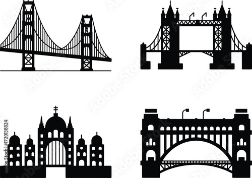 travel icon set of world landmarks, this vector collection features London's Tower Bridge, the Golden Gate, and Bulgaria's Alexander Nevsky Cathedral