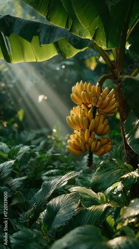 Wallpaper Mural Sunlit Yellow Bananas Hanging on Lush Green Tropical Plant Torontodigital.ca