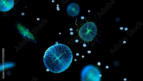 Microscopic Life Forms Abstract Blue Green Glowing Cells