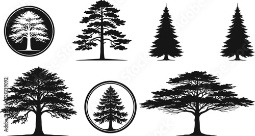 Tree silhouettes, nature vector, forest illustration, botanical design, eco graphic, foliage diversity, landscape element, environment art, natural outline, woodland collection, greenery