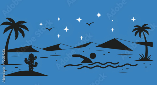 Desert Oasis Swimming Scene with Palm Trees and Stars