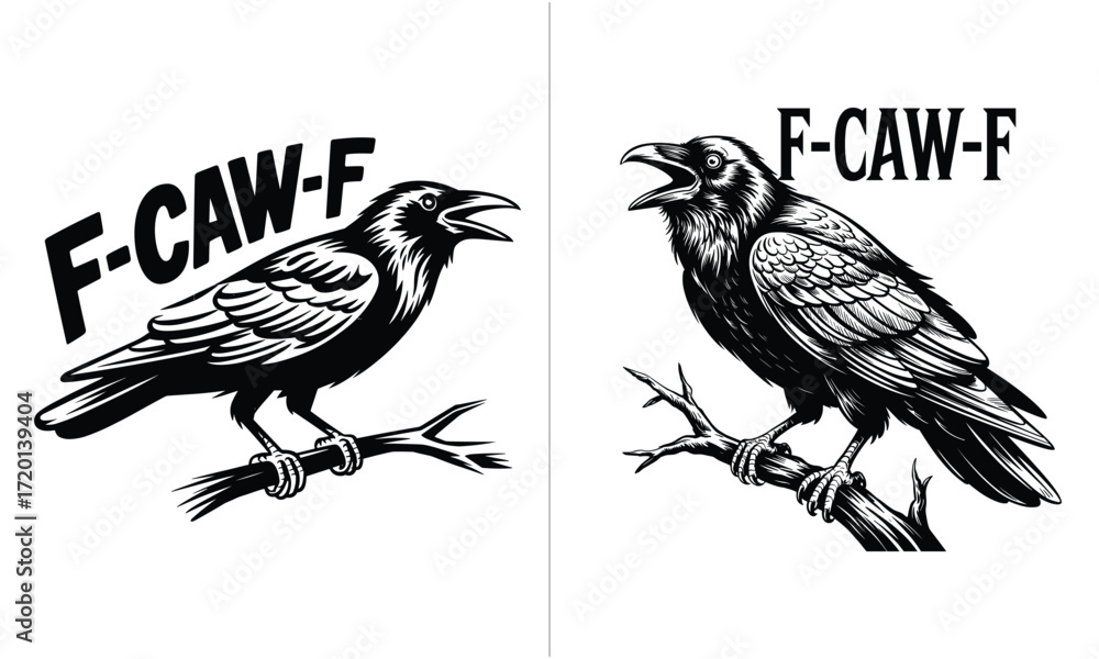 Fototapeta premium F-Caw-F Design, Stylized Illustration of Trendy Crows with Sunglasses and a Bowtie, Fun Bird Graphic Art for T-Shirts, Posters, and Merchandise, Retro Style with a Bold Typography