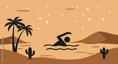 A person swims gracefully in a tranquil desert oasis at night, surrounded by silhouetted palm trees, cacti, and sand dunes under a vast, star-filled sky, illustrating serenity