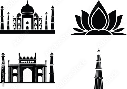 A travel icon set of famous Indian landmarks and symbols, this vector collection features the Taj Mahal, Qutub Minar, and Gateway of India