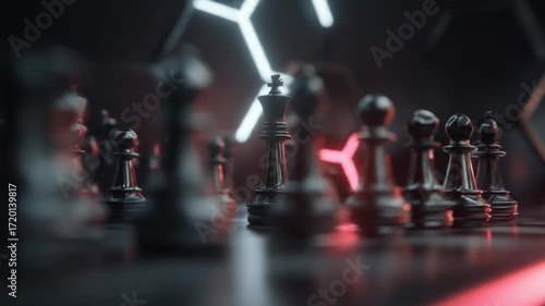 Close-up of a chessboard with black pieces