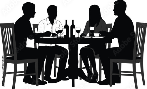 Silhouette of people dining together at table with wine glasses, bottles, and plates, perfect for restaurant, cafe, and social gathering designs