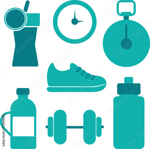Collection of fitness and health icons including a shaker bottle clock stopwatch running shoe water bottle and dumbbell isolated on a white background isolated on white background isolated on transpar