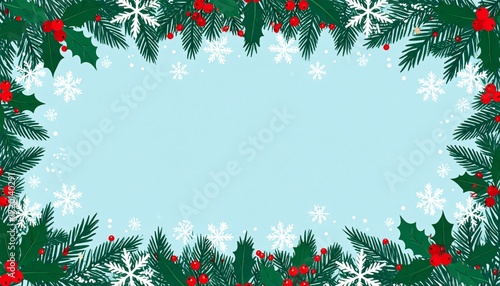 Festive Christmas border with holly, pine branches, and snowflakes on light blue background