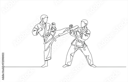 Vector art of two karate fighters in action drawn with a continuous line minimalist vector illustration of martial arts combat